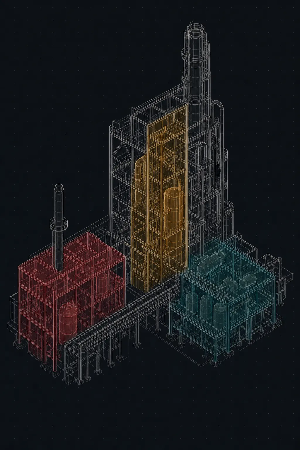 Technical line drawing of a plant elevation with translucent red, amber and teal regions marking construction zones by status