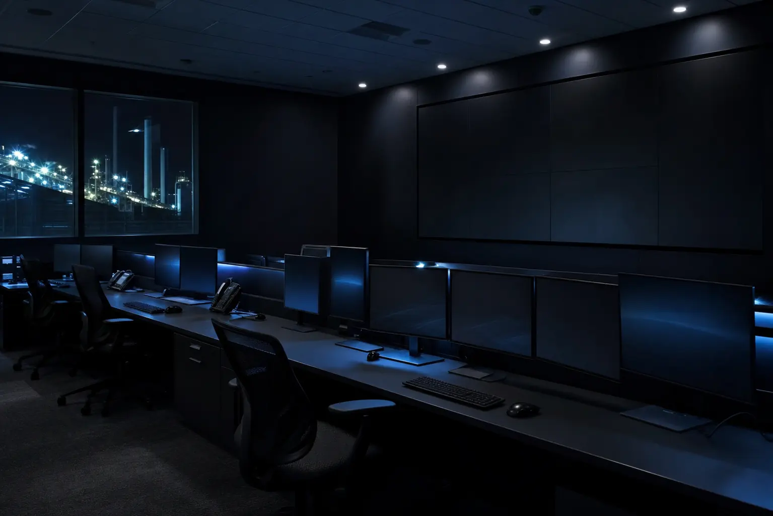 Darkened industrial project control room at night with monitors and a wall display