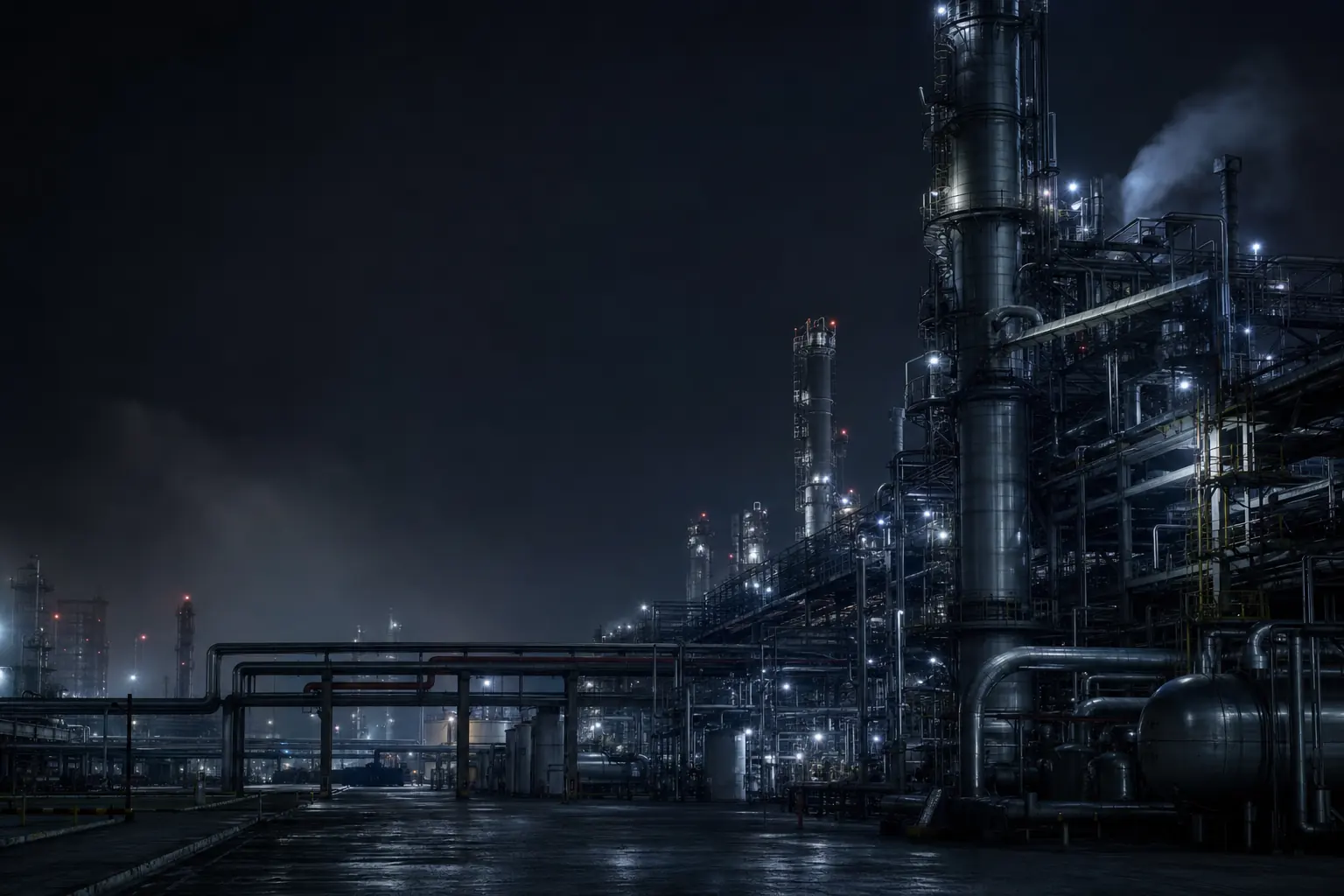 Industrial process plant at night, piping racks and distillation columns lit by work lights