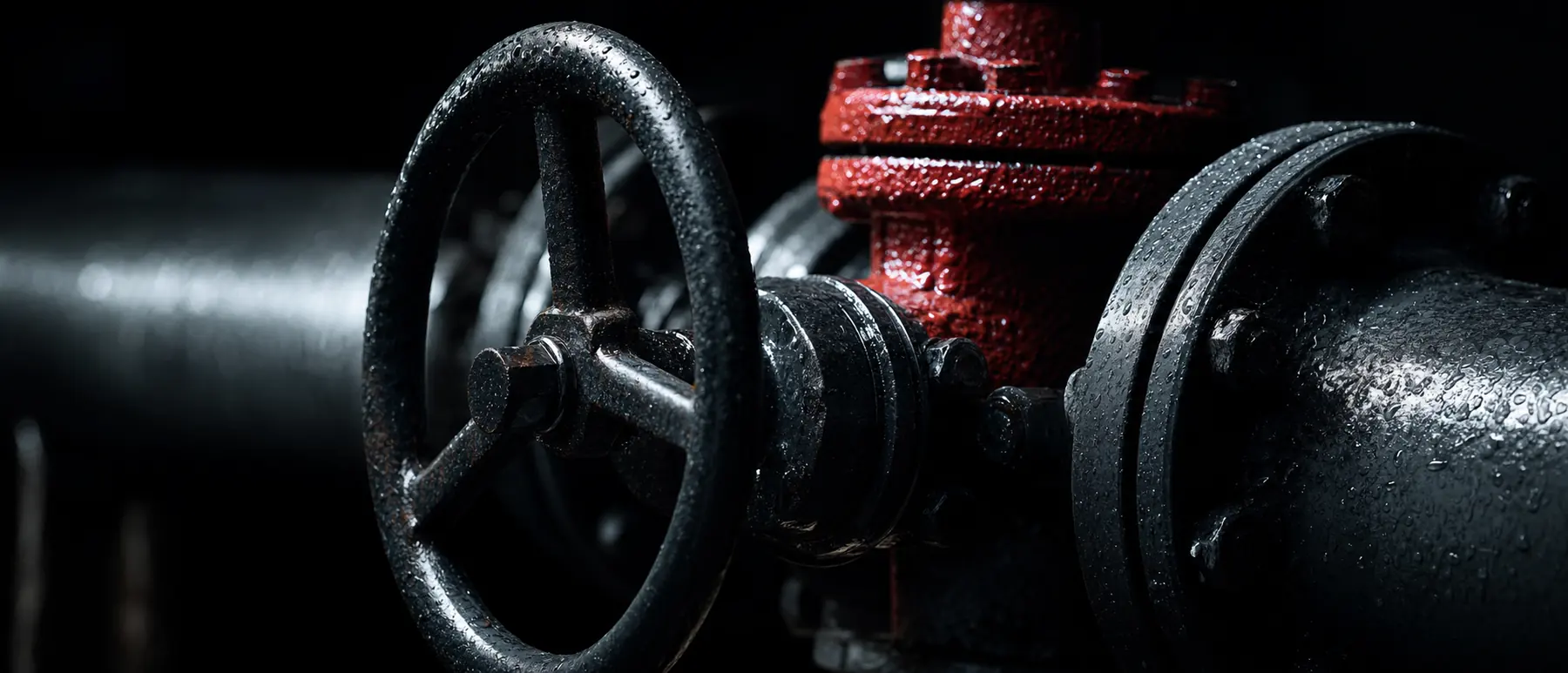 Close-up of an industrial gate valve handwheel and flanged carbon steel piping in the rain
